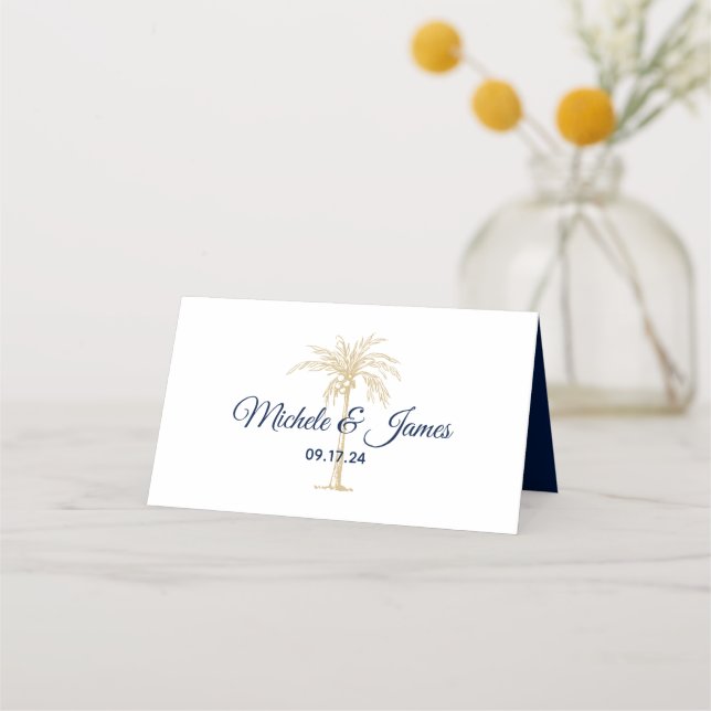 Elegant Navy Gold Palm Tree Modern Wedding Place Card (Front)