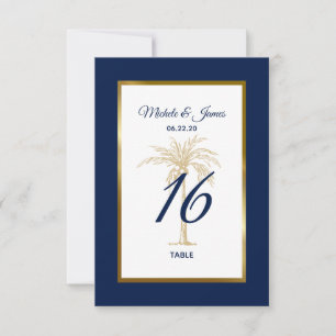Elegant Navy Gold Palm Tree Wedding Table Number