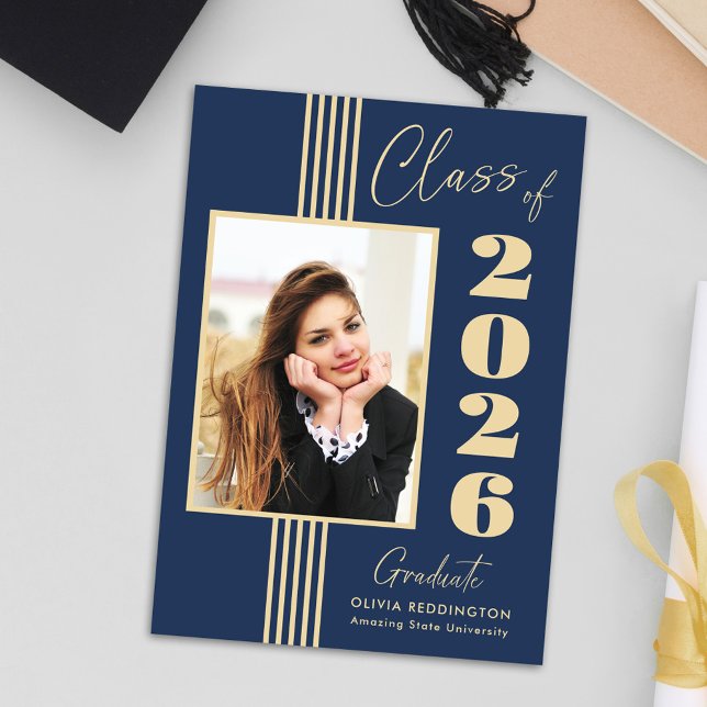 Elegant Navy Gold Photo Frame 2024 Graduation Announcement (Creator Uploaded)