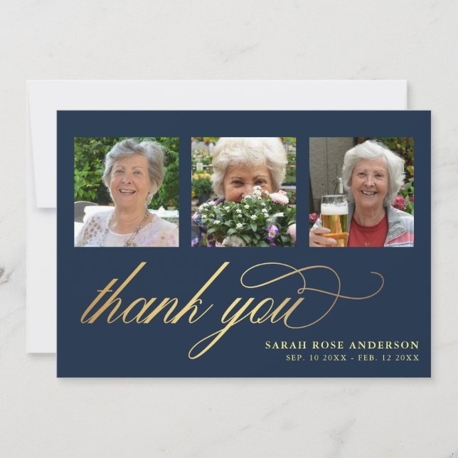 Elegant Navy & Gold Photo Funeral Thank You Card (Front)