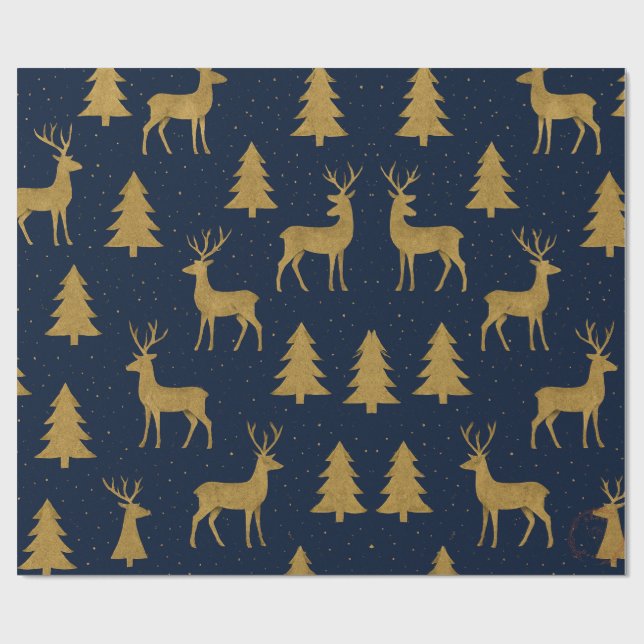 Elegant Navy & Gold Reindeer Christmas Wrapping Pa Paper (Flat)