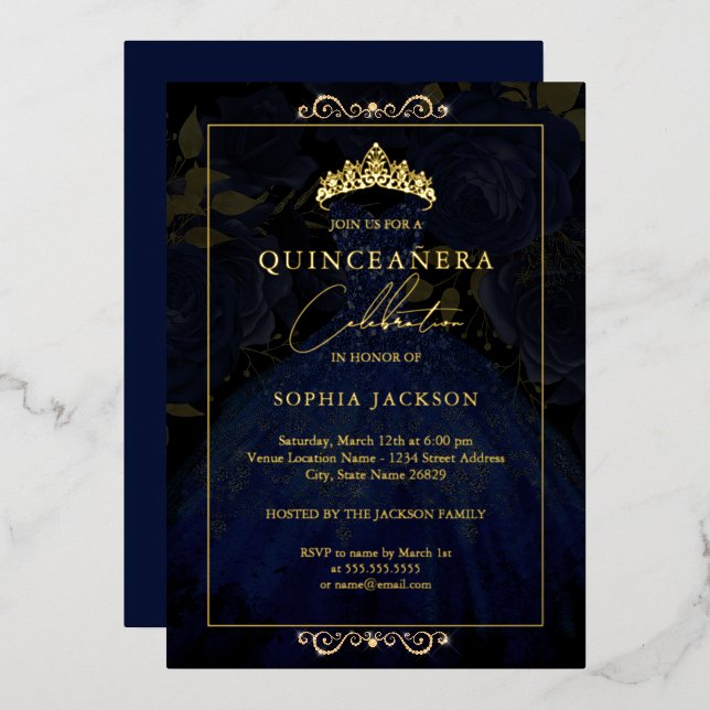 Elegant Navy Gold Rose Dress Quinceanera  (Front/Back)