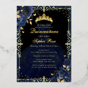 Elegant Navy Gold Rose Dress Quinceanera 