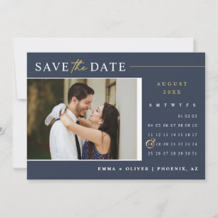 Elegant Navy Gold Save the Date Calendar QR Code Invitation