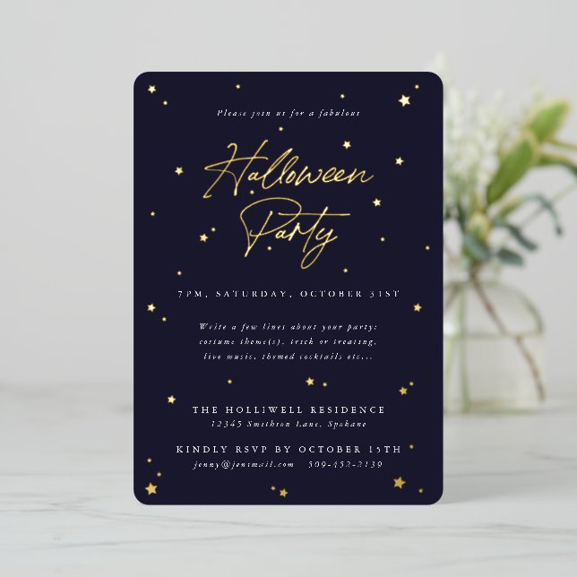 Elegant Navy+Gold Scattered Stars Halloween Party (Standing Front)