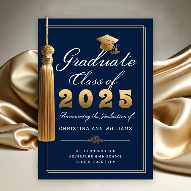 Elegant Navy Gold Script Class of 2025 Graduate Announcement (Elegant Gold White Script on Navy Blue with thin gold frame Graduation Announcement)