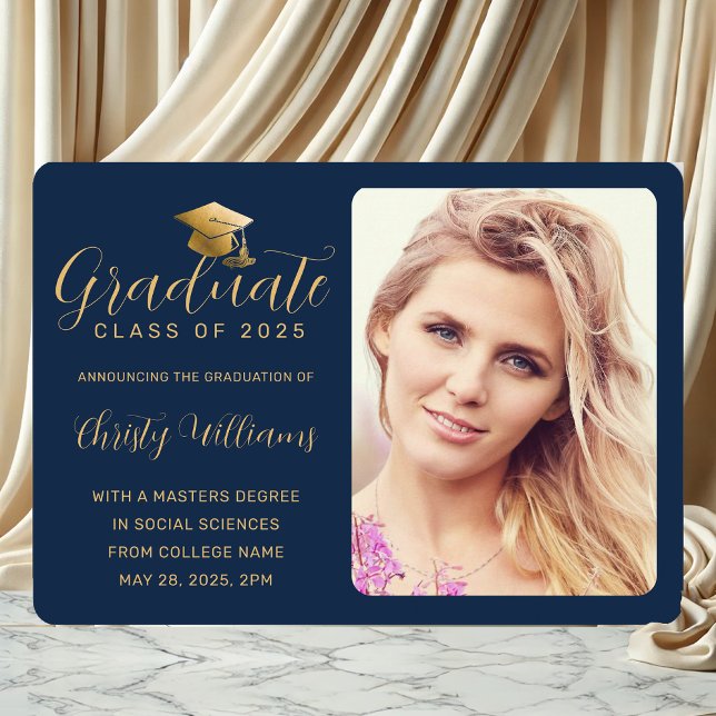 Elegant Navy Gold Script Photo College Graduation Announcement (Navy Blue and Photo Graduation Announcement for College grads)
