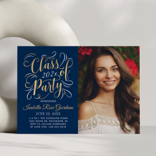 Elegant Navy Gold Script Photo Graduation Party Invitation