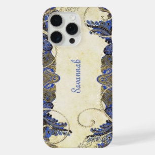 Elegant Navy Gold Swirl Vintage Paisley Peacock iPhone 15 Pro Max Case
