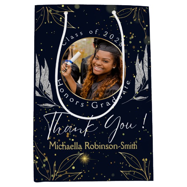 Elegant Navy Gold Thank You Graduation Medium Gift Bag (Front)