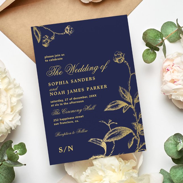 Elegant navy gold vintage antique wedding invitation (Creator Uploaded)
