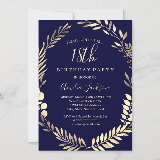 Elegant Navy Gold Watercolor 18th Birthday Invitation (Front)