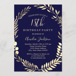 Elegant Navy Gold Watercolor 18th Birthday Invitation