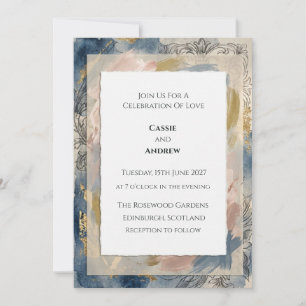Elegant Navy Gold Watercolor Wedding Invitation