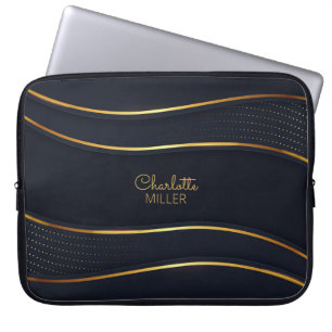 Elegant Navy-Gold Wavy Lines and Customisation Laptop Sleeve