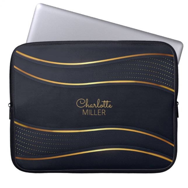 Elegant Navy-Gold Wavy Lines and Customisation Laptop Sleeve (Front)