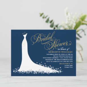 Elegant Navy Gold Wedding Gown Bridal Shower Invitation