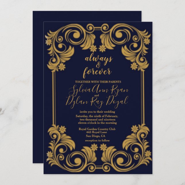 Elegant Navy & Gold Wedding Invitation (Front/Back)