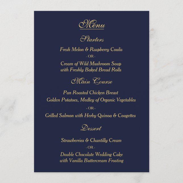 Elegant Navy Gold Wedding Menu Card (Front)
