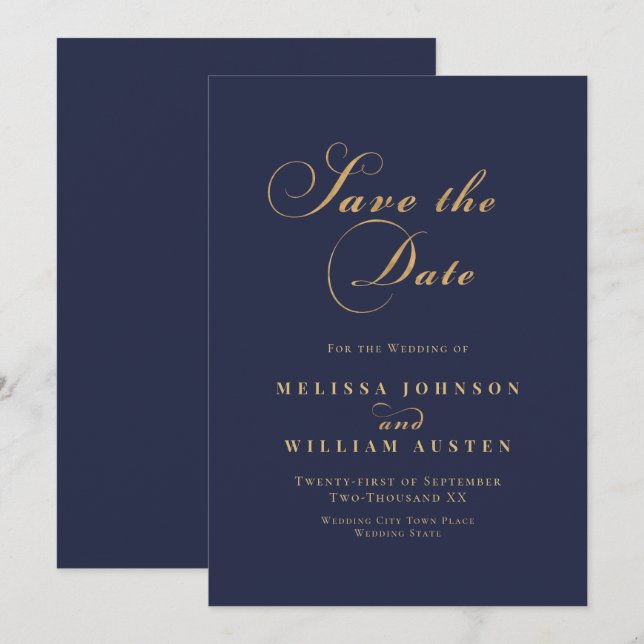 Elegant Navy Gold Wedding Save The Date (Front/Back)