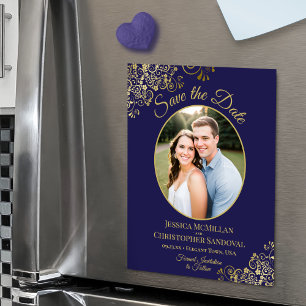 Elegant Navy & Gold Wedding Save the Date Photo Magnetic Invitation