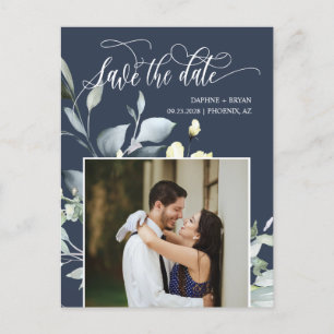 Elegant Navy Green Leaves QR Code Save the Date Announcement Postcard