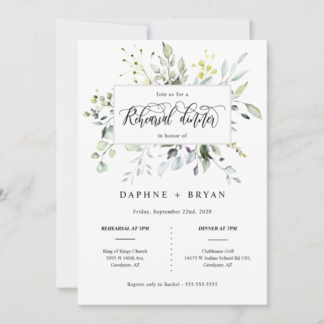 Elegant Navy Green Leaves Rehearsal Dinner Photo Invitation (Front)