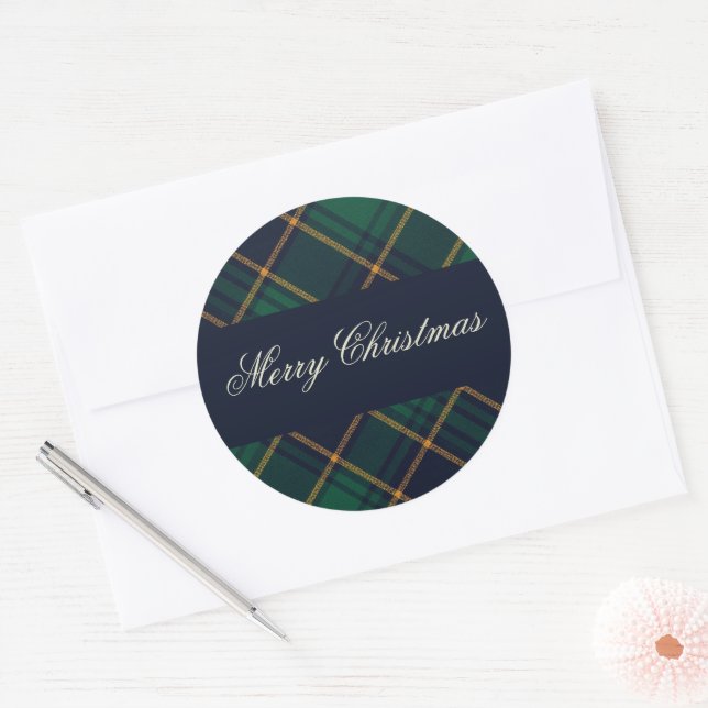 Elegant Navy Green Plaid Christmas Classic Round Sticker (Envelope)