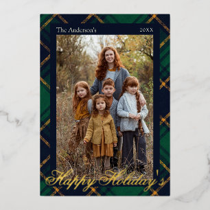 Elegant Navy Green Plaid Holidays Golden Foil Holiday Card