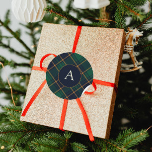 Elegant Navy Green Plaid Monogram Classic Round Sticker