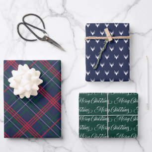 Elegant Navy Green Red Tartan Deer Christmas Wrapping Paper Sheet