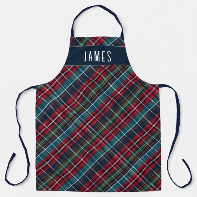 Elegant Navy Green Red Tartan Plaid Personalised  Apron (Front)