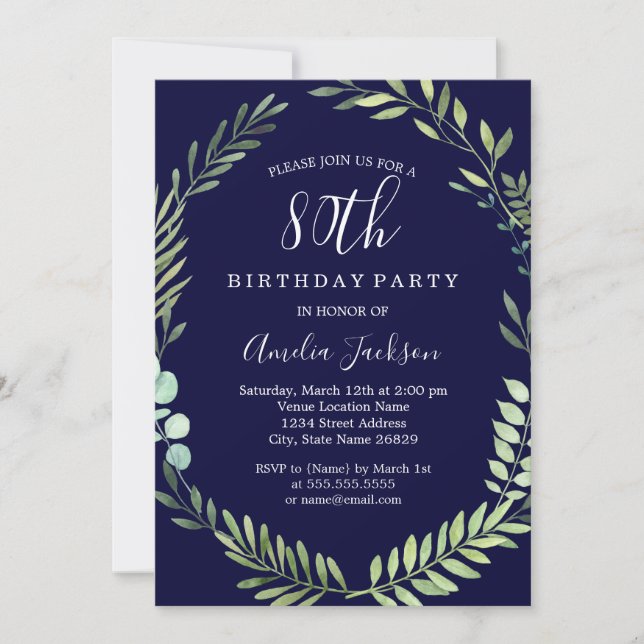 Elegant Navy Green Watercolor Wreath 80th Birthday Invitation (Front)