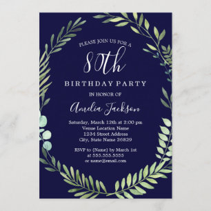 Elegant Navy Green Watercolor Wreath 80th Birthday Invitation