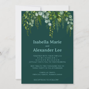 Elegant Navy Greenery Gold Leaf Wedding Invitation