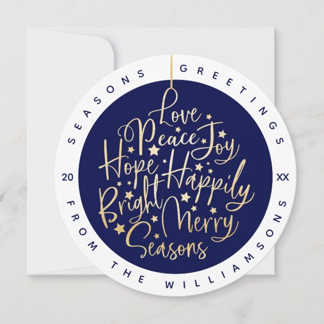 Elegant Navy Greetings Typography Ornament Photo Holiday Card (Front)