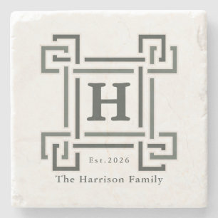 Elegant Navy Grey Monogram Family Name Stone Coaster