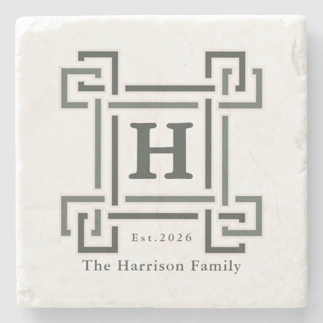 Elegant Navy Grey Monogram Family Name Stone Coaster (Front)