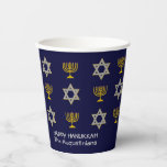 Elegant Navy Hanukkah Paper Cups<br><div class="desc">Elegant HAPPY HANUKKAH paper cup, showing faux gold and silver STAR OF DAVID and MENORAH in a tiled pattern against a rich NAVY BLUE background. Text reads HAPPY HANUKKAH with a placeholder name, and is CUSTOMIZABLE, so you can PERSONALIZE it by adding your name or other text. Ideal for Hanukkah...</div>