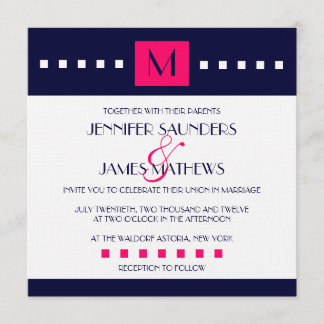 Elegant Navy Hot Pink Monogram Wedding Invitation