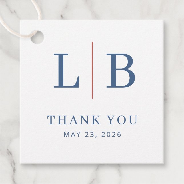 Elegant Navy Initials with Red Line Favour Tags (Front)
