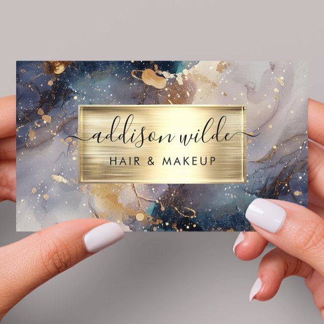 Elegant Navy Lavender And Gold Watercolor Marble Business Card (Creator Uploaded)