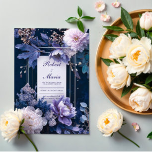 Elegant Navy & Lavender Floral Wedding Invitation
