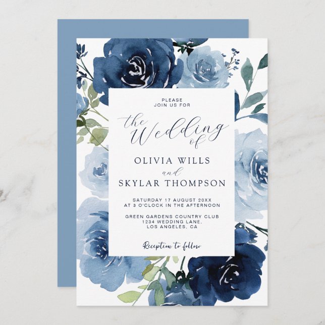 Elegant Navy Light Blue Dusty Flowers Wedding Invitation (Front/Back)