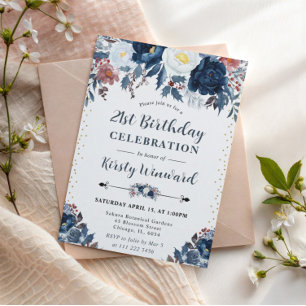 Elegant Navy & Light Blue Floral 21st Birthday Invitation