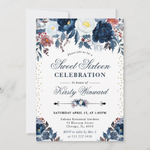 Elegant Navy & Light Blue Floral Sweet Sixteen Invitation