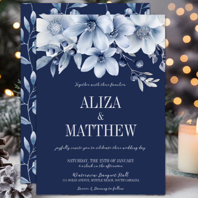 Elegant Navy & Light Blue Floral Wedding Invitation (Elegant Navy Blue Floral Winter Wedding Invitation, Blueberries,   Light Blue Flowers, Classic)