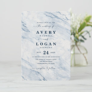 Elegant Navy & Light Blue Metallic Marble Wedding Invitation