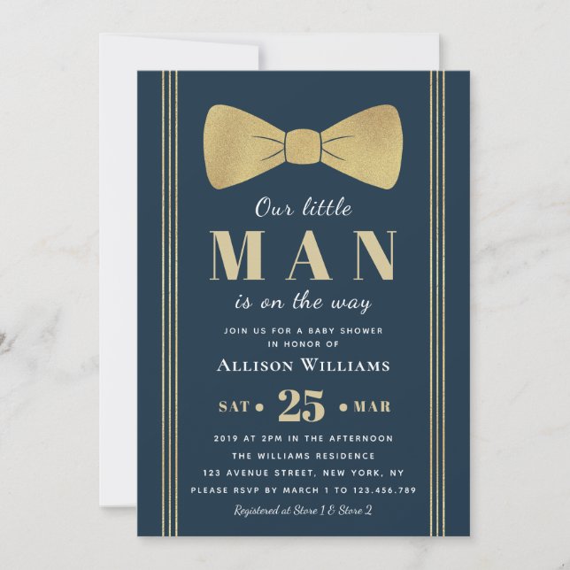 elegant navy little man baby shower invitation (Front)