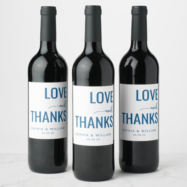 Elegant Navy Love Thanks Wine Label (Bottles)